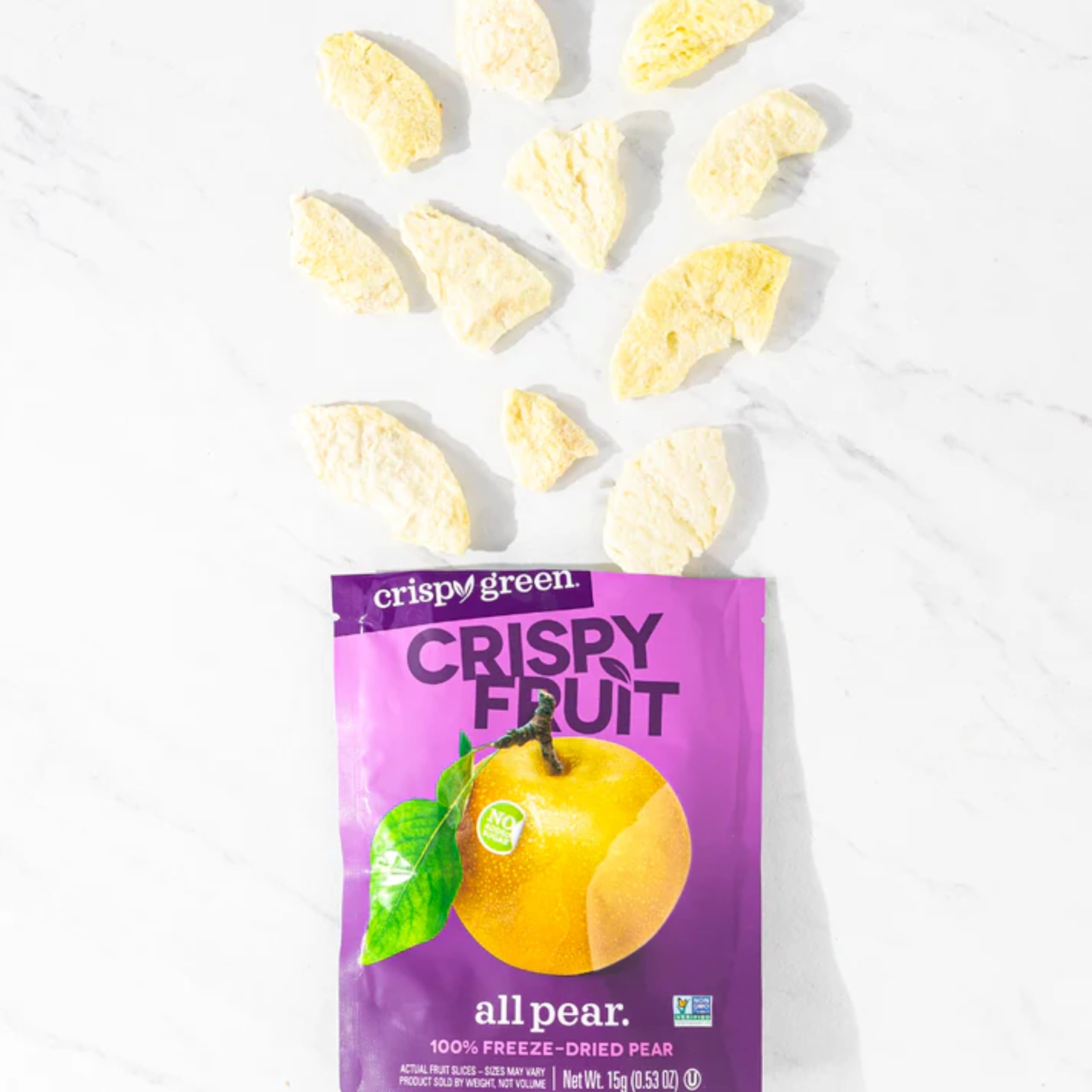 Crispy Green nutrition label shows 100% fruit and no added sugar.