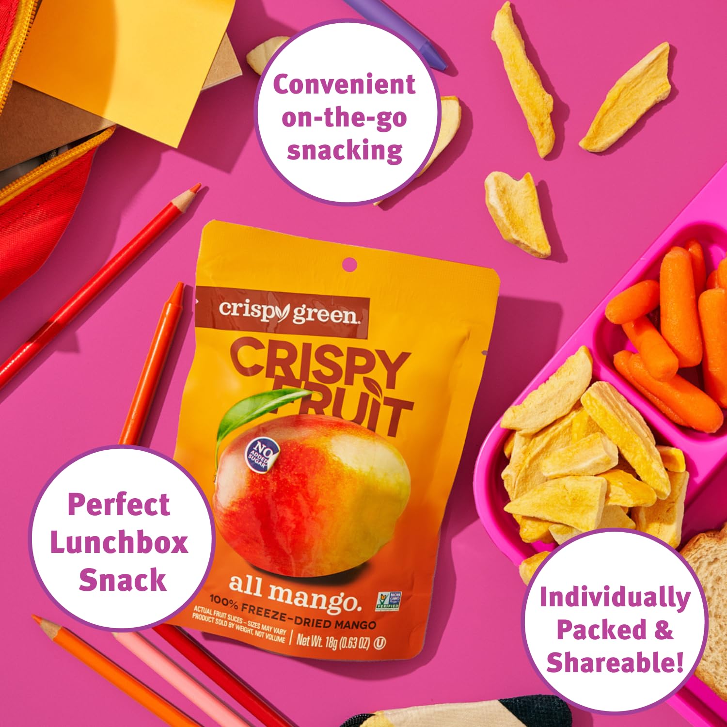 Crispy Green single-serve bags on the go, mess-free snack.