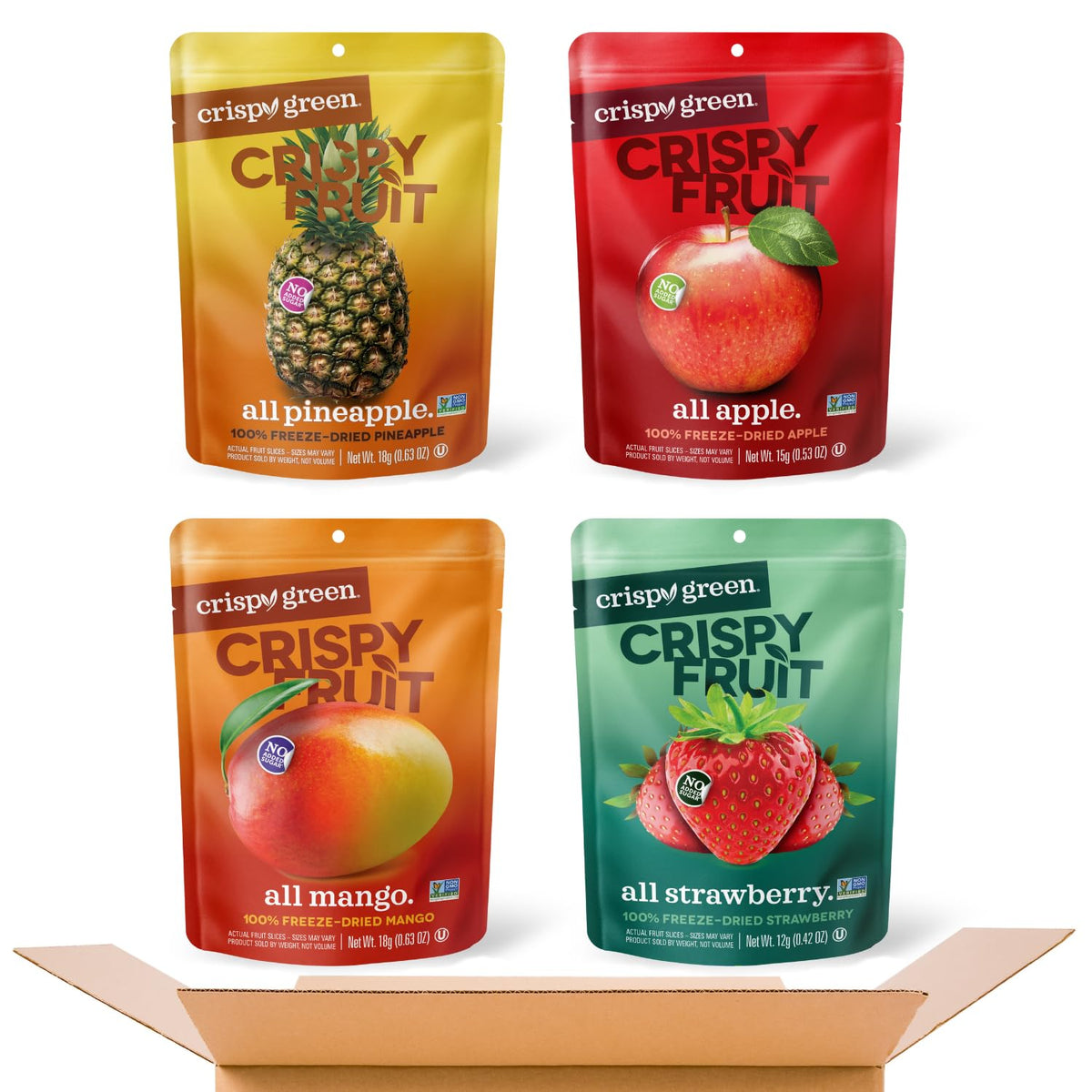 Crispy Green variety pack bags show four flavors for convenient lunches