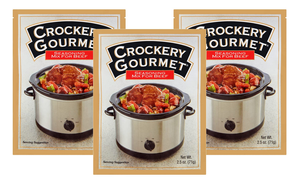 Crockery Gourmet beef seasoning packets ready for easy slow cooker dinners.