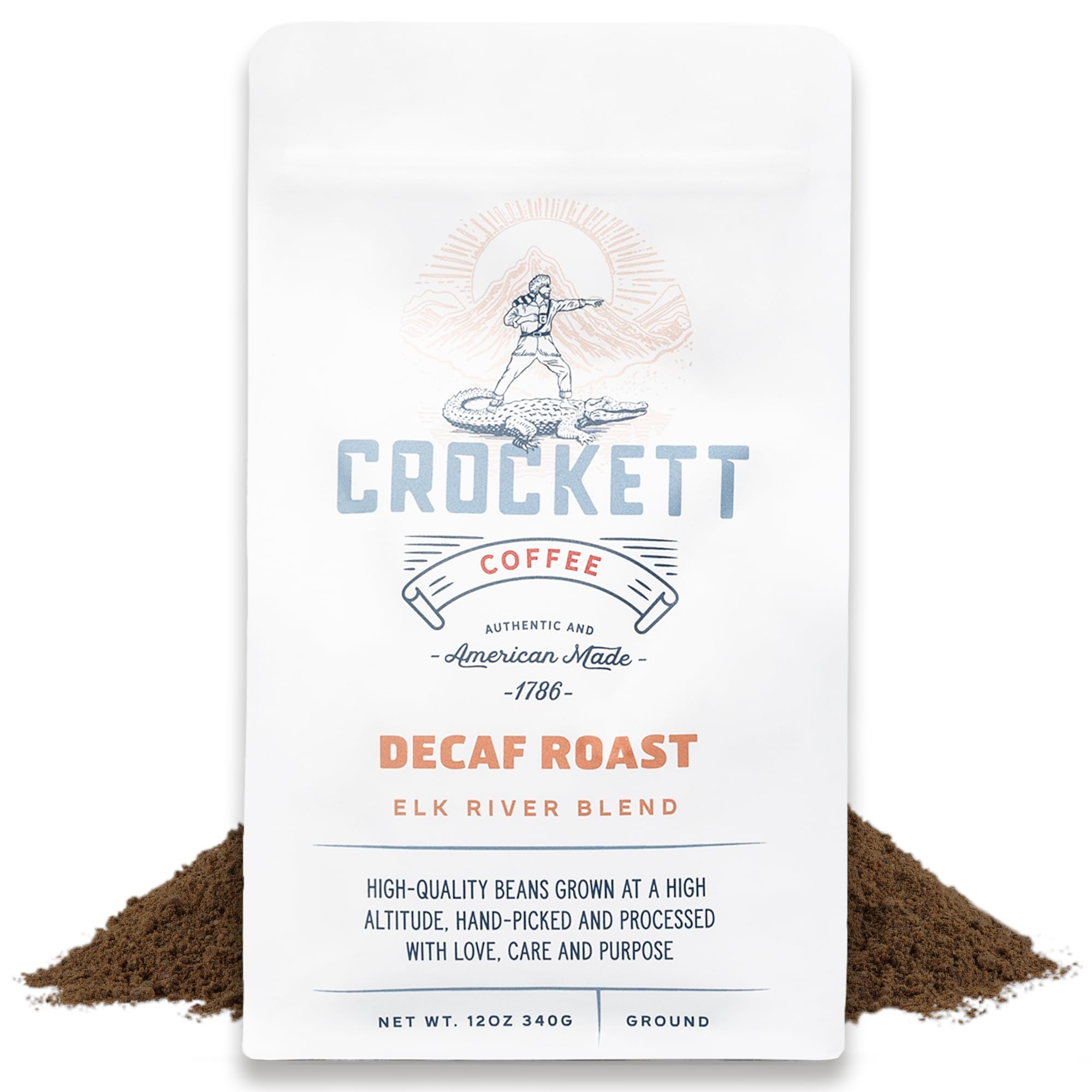 Crockett Decaf Ground Coffee packaging front view highlights rich flavor for a bold caffeine-free brew.