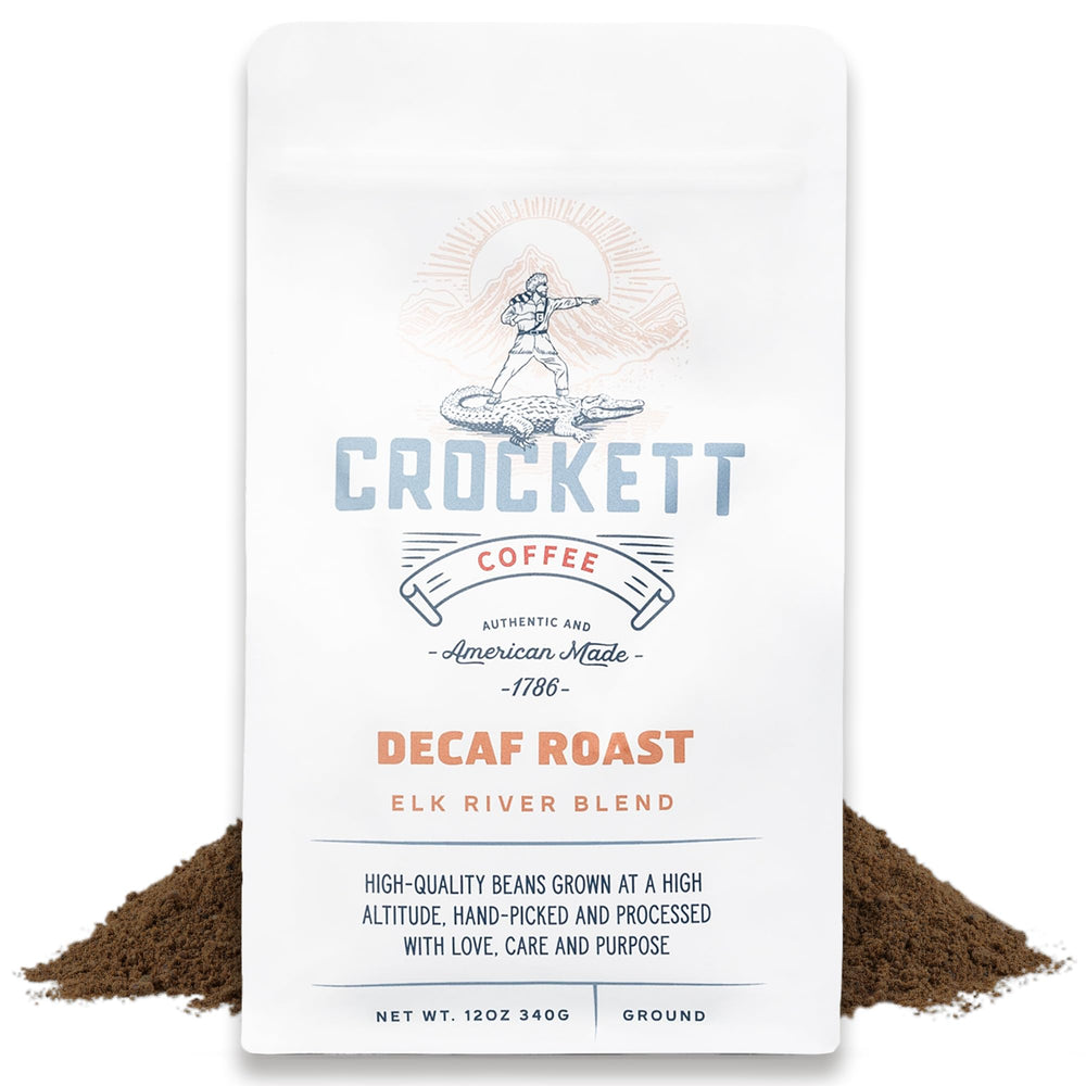 Crockett Decaf Ground Coffee packaging front view highlights rich flavor for a bold caffeine-free brew.