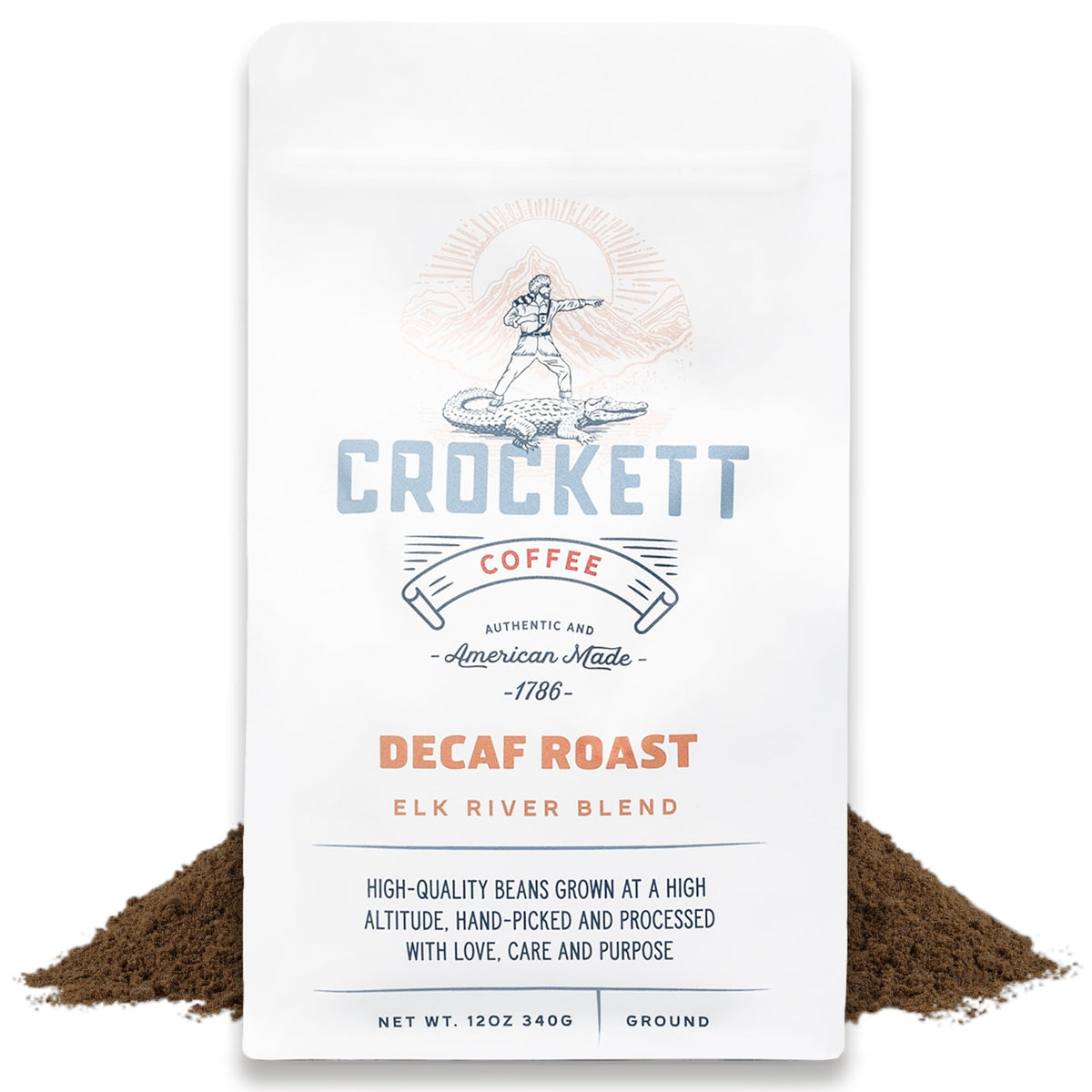 Crockett Decaf Ground Coffee packaging front view highlights rich flavor for a bold caffeine-free brew.
