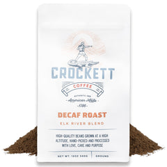 Crockett Decaf Ground Coffee packaging front view highlights rich flavor for a bold caffeine-free brew.