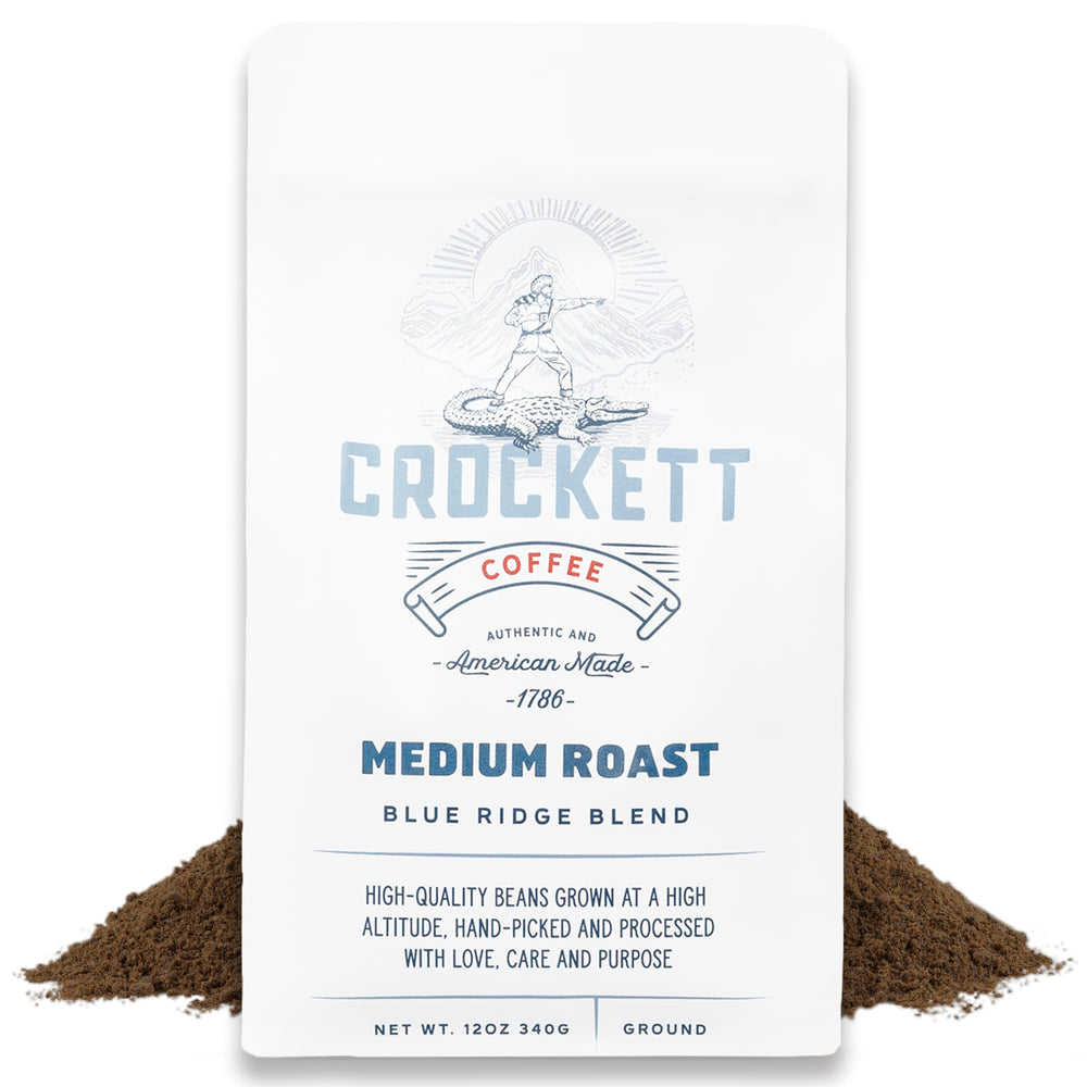 Crockett Coffee medium roast ground coffee pack closeup shows premium packaging and reliability