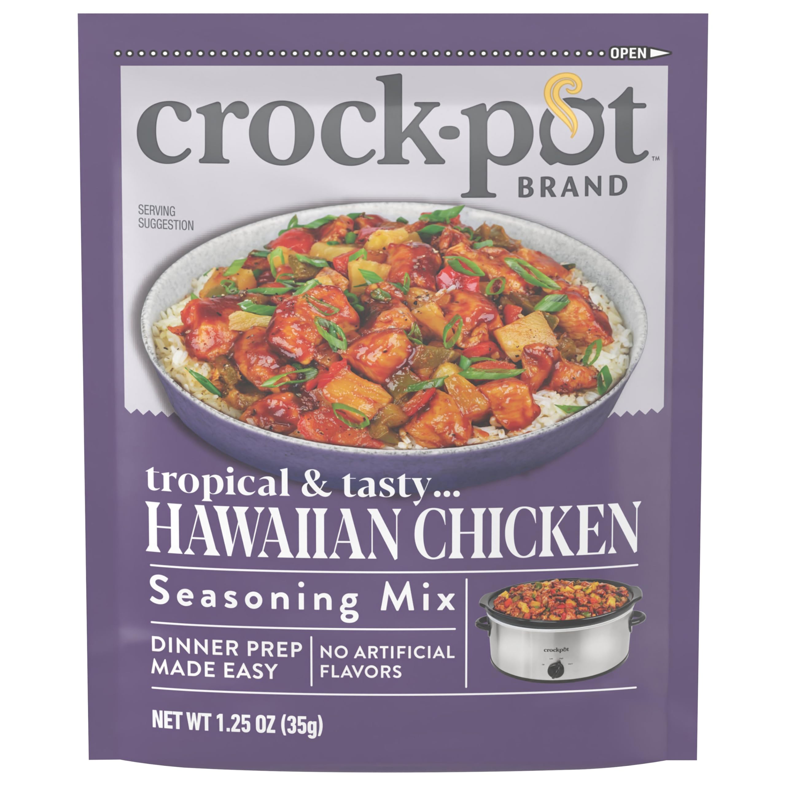 Crock-Pot Hawaiian Chicken Seasoning Mix jar with tropical aroma, ideal for quick weeknight dinners.
