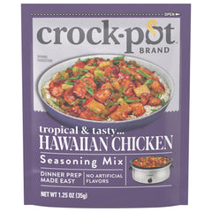 Crock-Pot Hawaiian Chicken Seasoning Mix jar with tropical aroma, ideal for quick weeknight dinners.