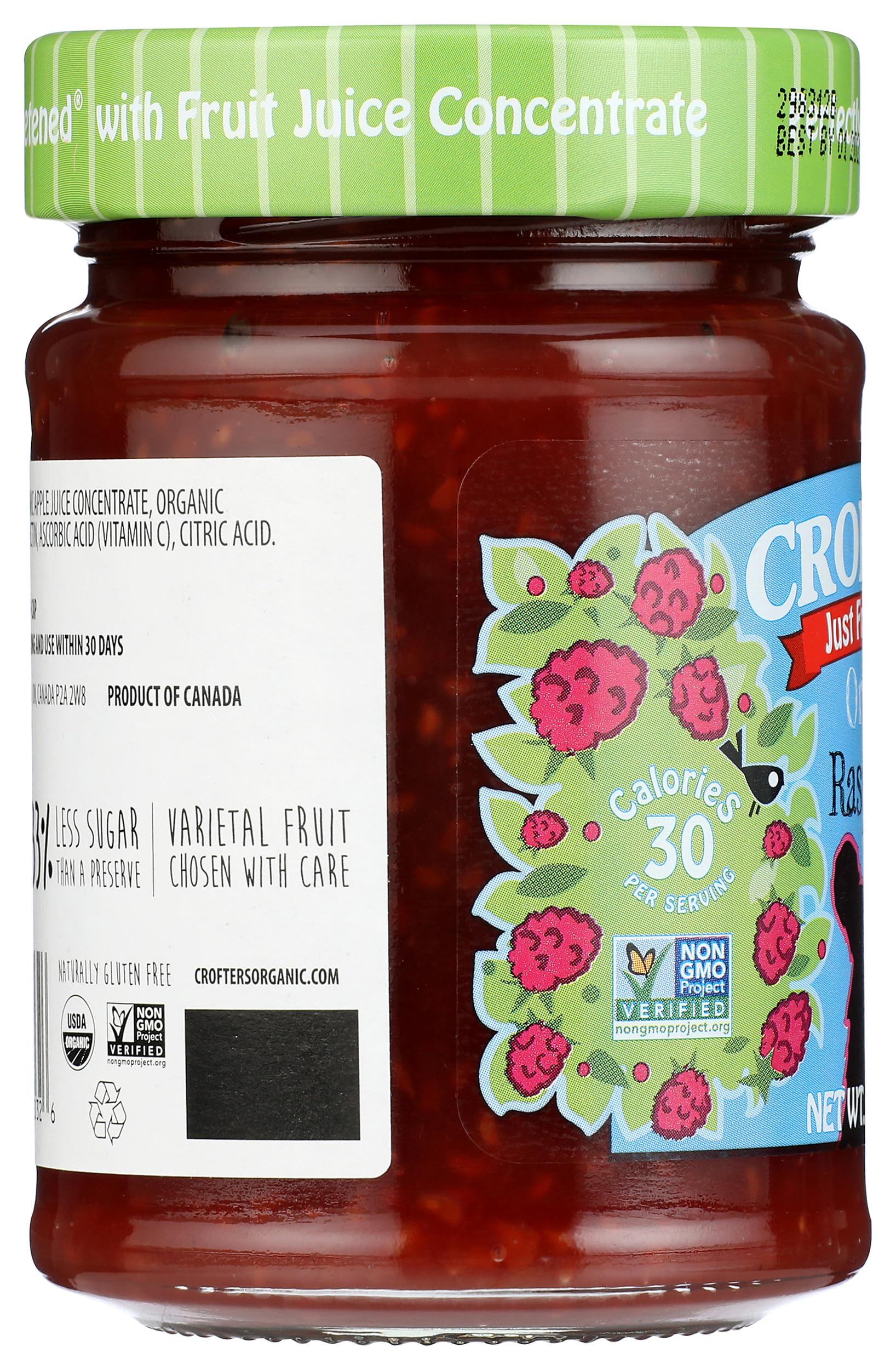 Crofters Organic Raspberries label displays USDA organic and Non-GMO verification.