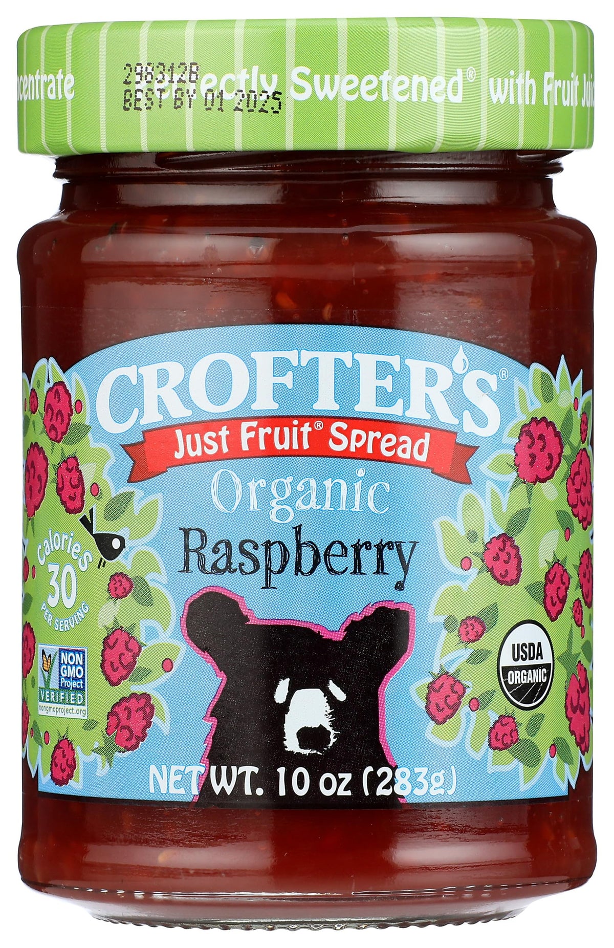 Crofters Organic Raspberry Fruit Spread jar highlights rich, dark red color and berry flavor.