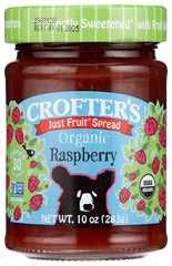 Crofters Organic Raspberry Fruit Spread jar highlights rich, dark red color and berry flavor.