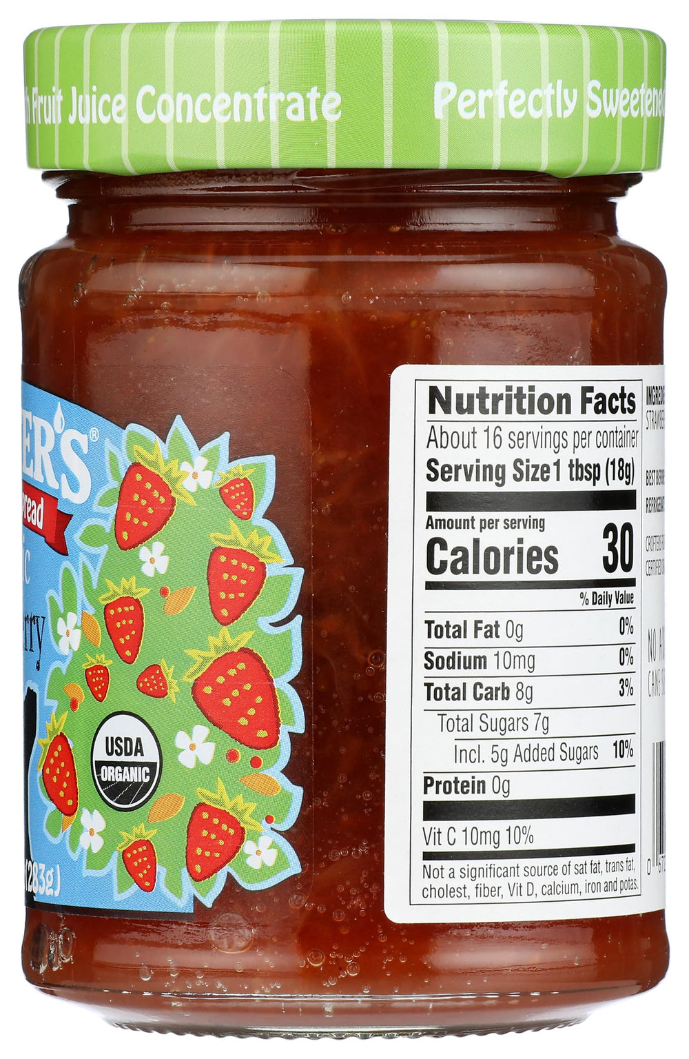 Crofters Organic Strawberry Fruit Spread jar showing natural ingredients