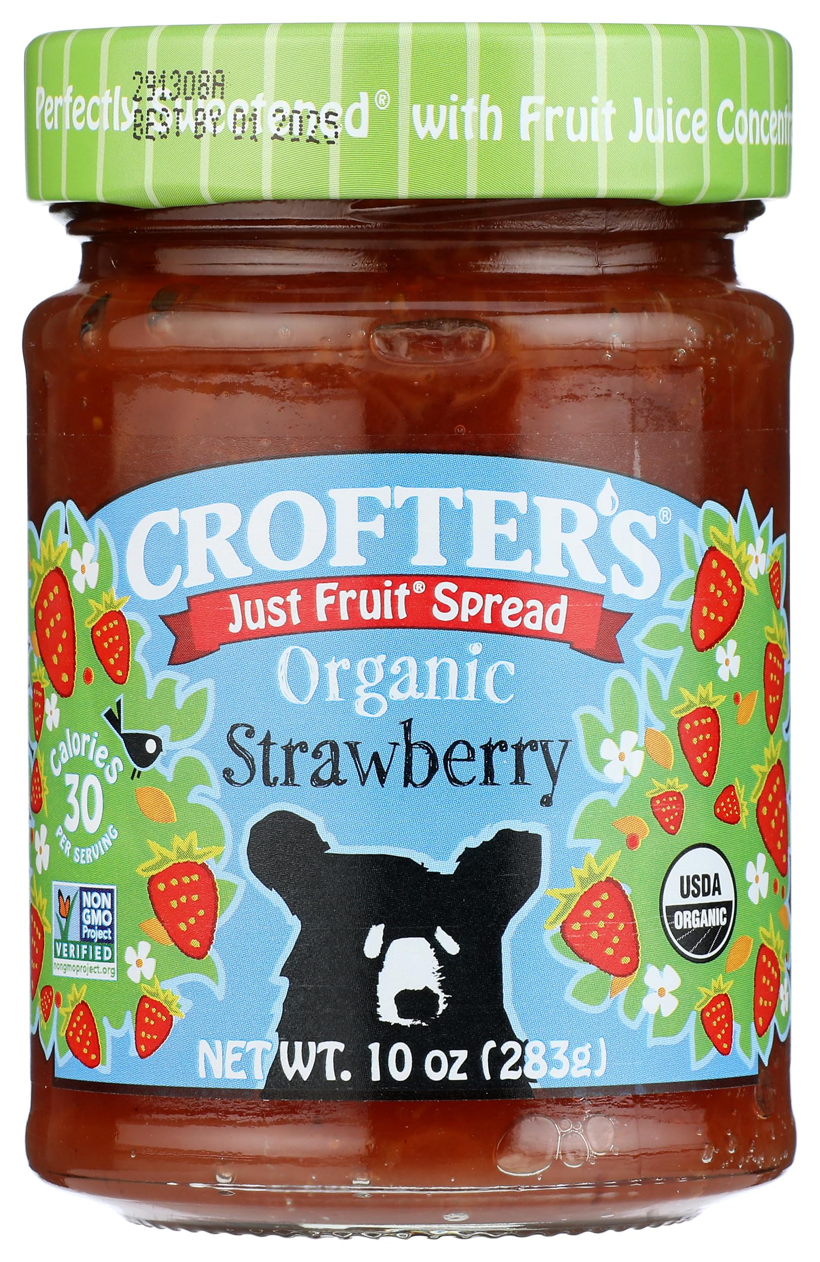 Crofters Organic Strawberry Fruit Spread jar on kitchen shelf, ready for breakfast