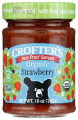 Crofters Organic Strawberry Fruit Spread jar on kitchen shelf, ready for breakfast