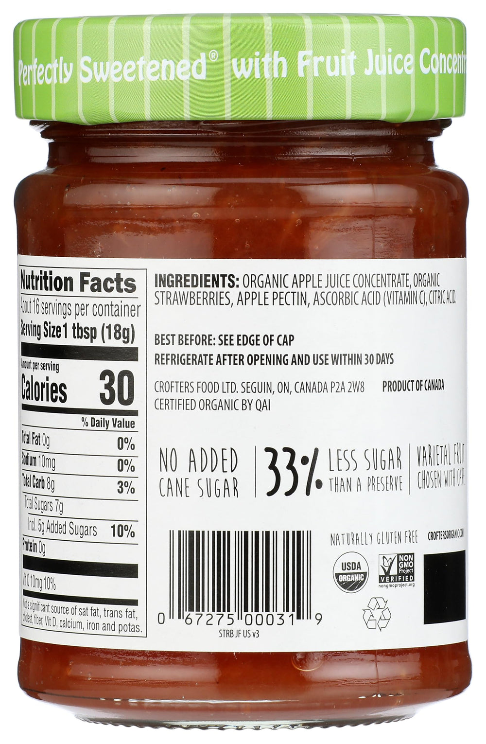 Toasted bread with Crofters Organic Strawberry Fruit Spread for natural sweetness