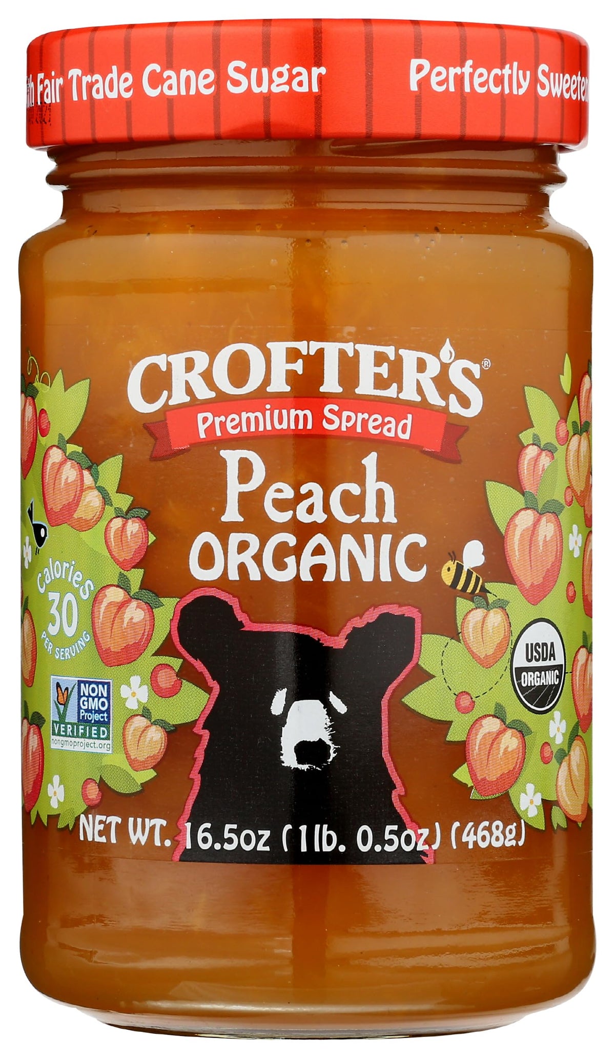 Crofters Peach Organic Premium Spread jar, vibrant and ready for toast.