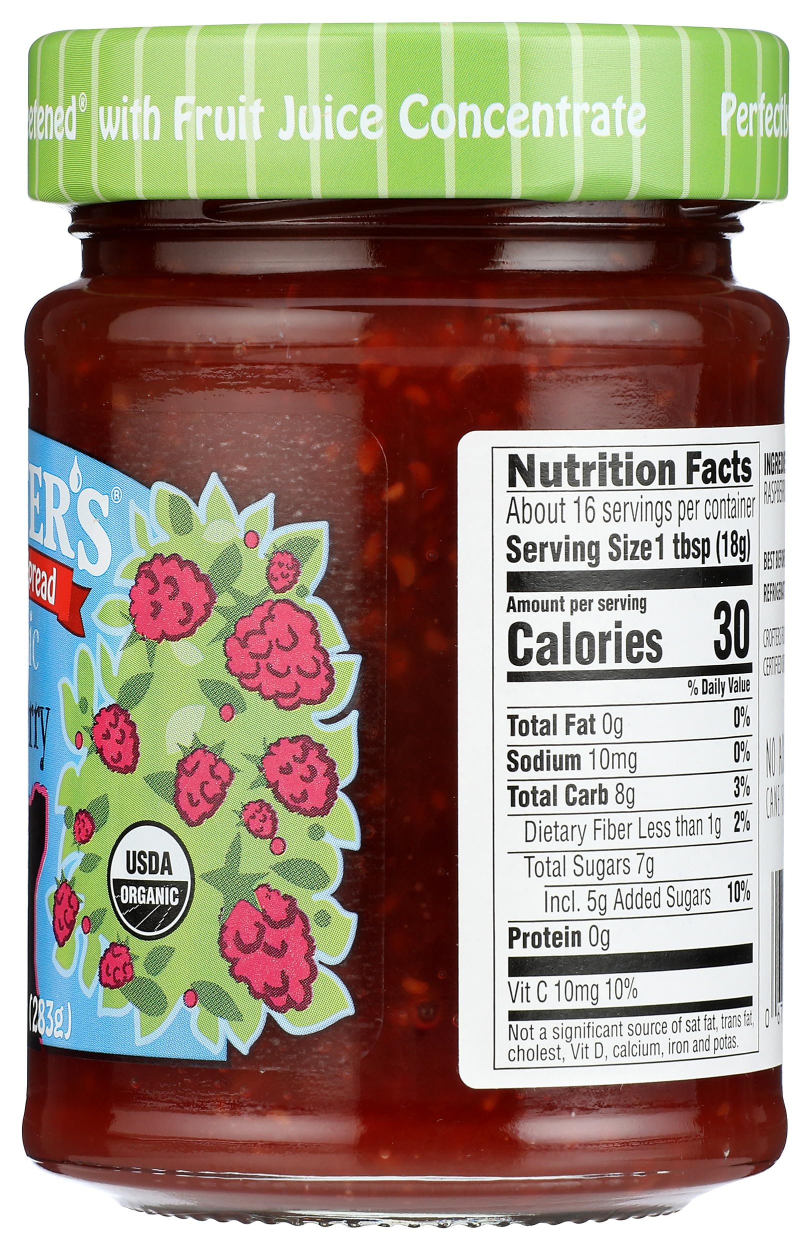 Crofters Raspberry Spread back label emphasizes BPA-free and gluten-free ingredients.