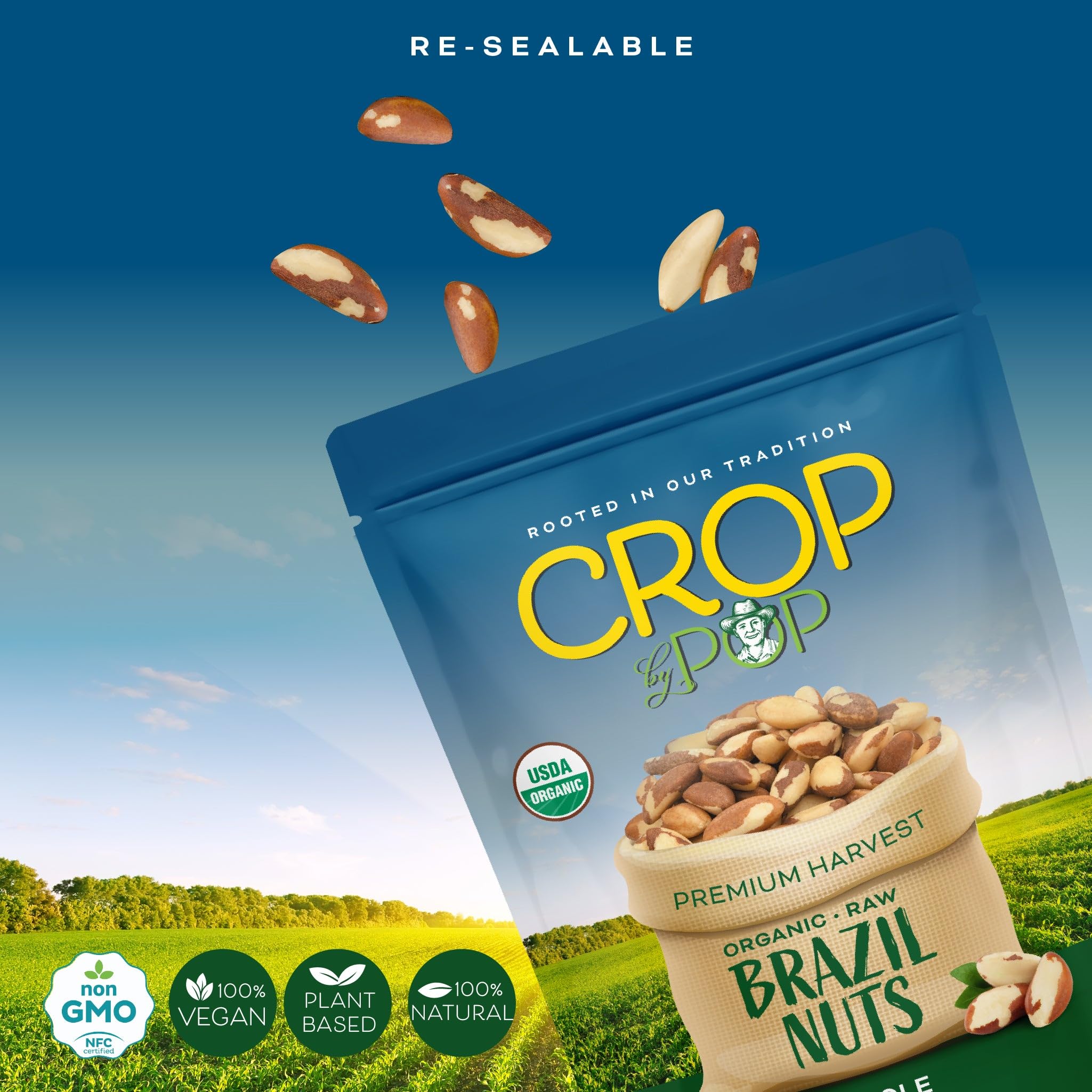 Nut Cravings CROP by POP Brazil Nuts nutrition panel and sustainability notes.