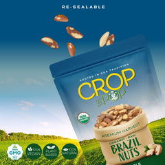 Nut Cravings CROP by POP Brazil Nuts nutrition panel and sustainability notes.