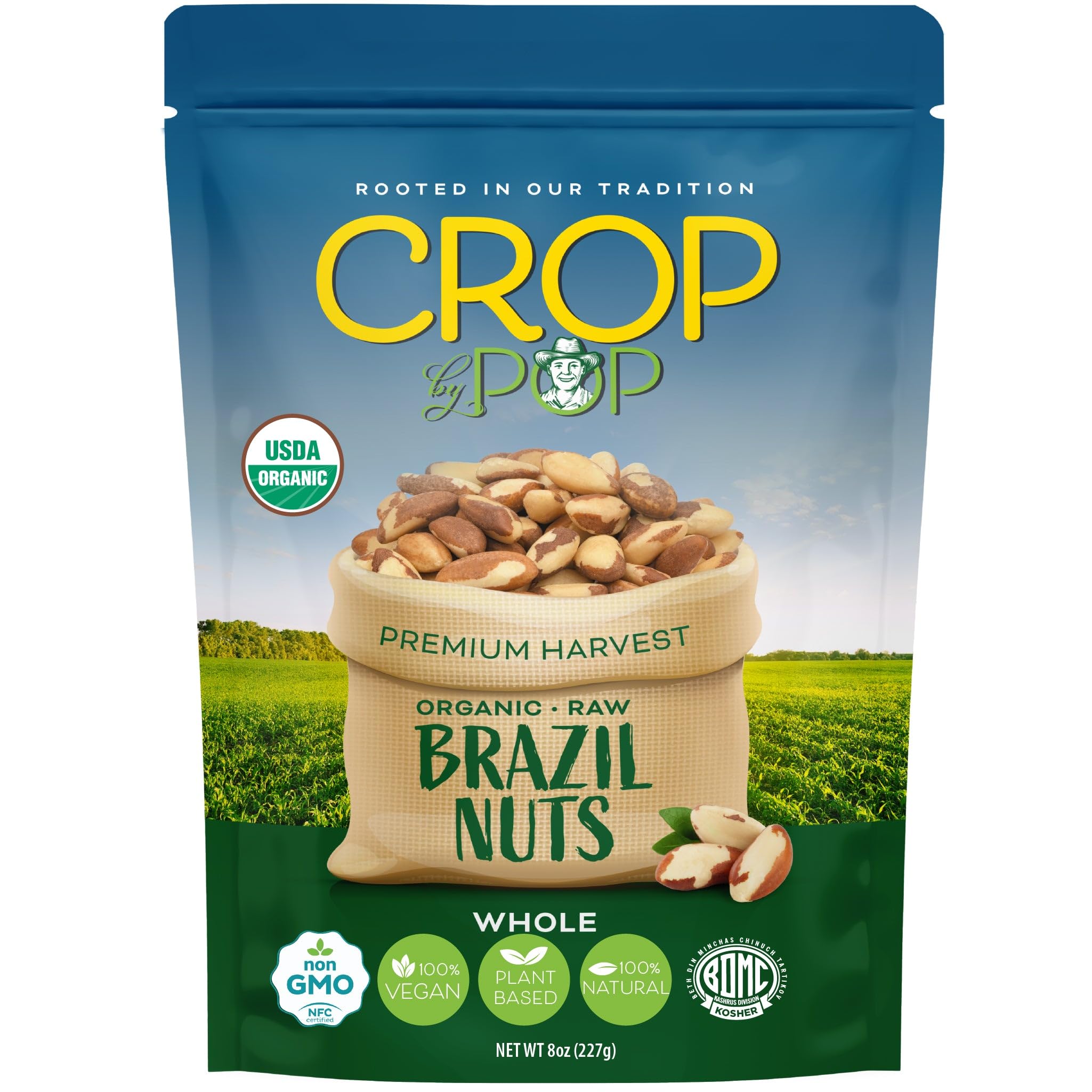 Nut Cravings CROP by POP Brazil Nuts package front with resealable bag for freshness.