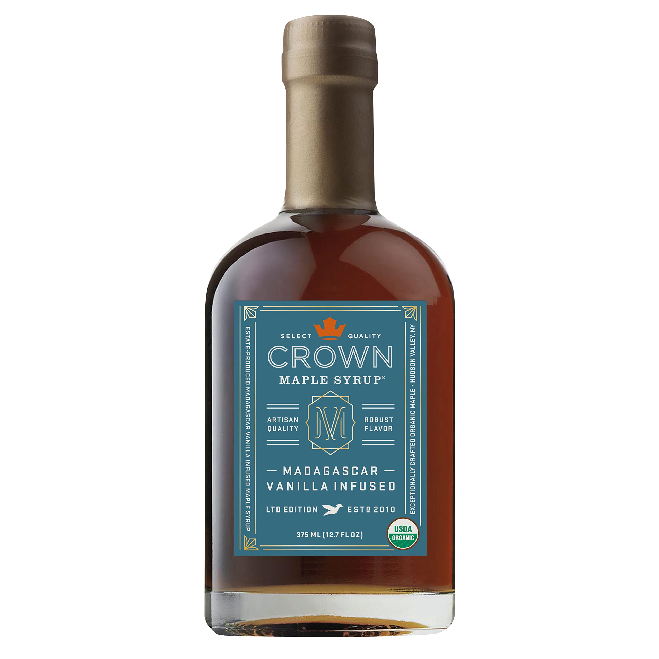 Crown Maple Madagascar Vanilla infused maple syrup bottle with creamy vanilla notes.
