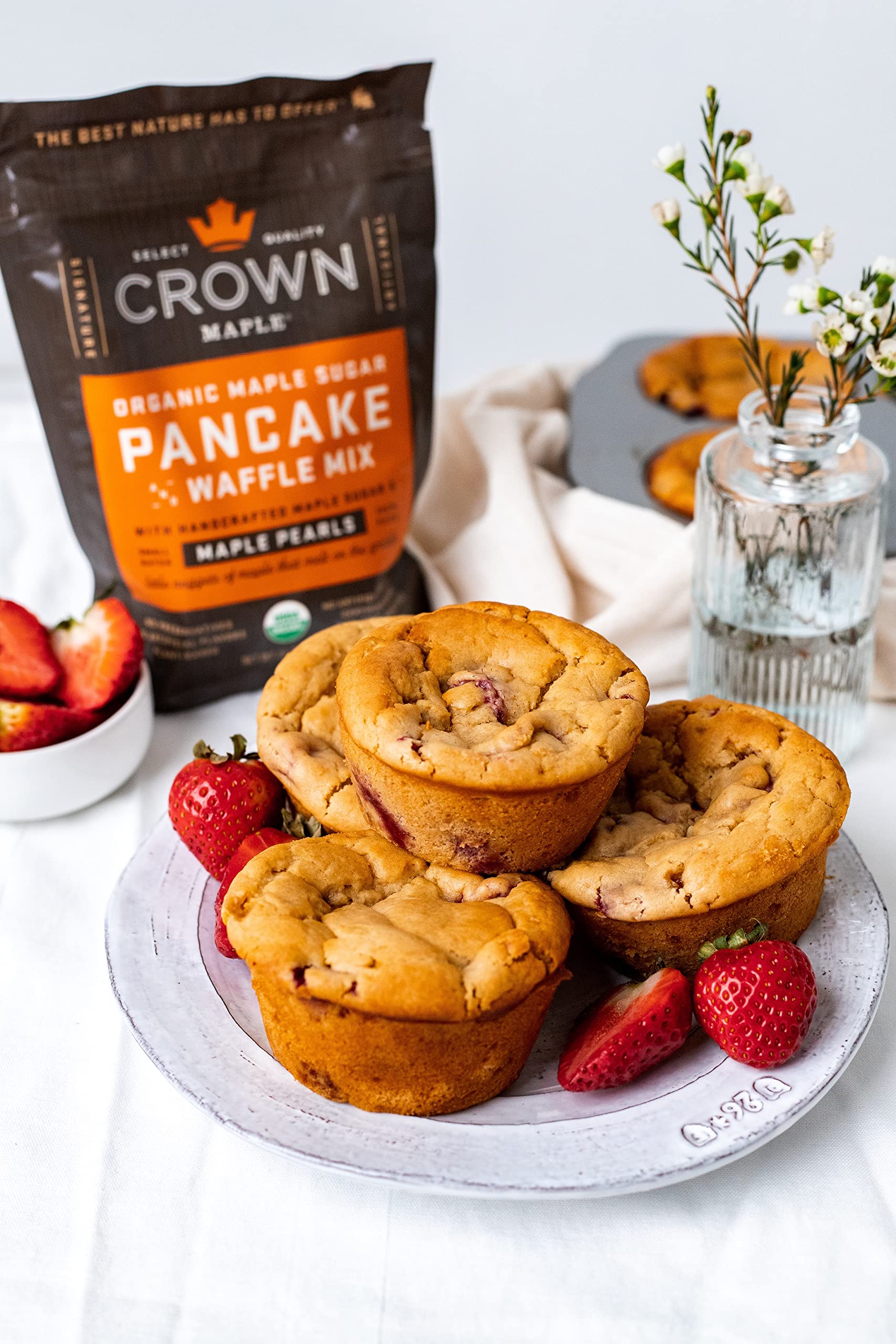 Crown Maple pancakes on a stack ready to serve with toppings