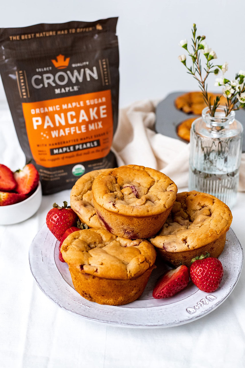 Crown Maple pancakes on a stack ready to serve with toppings