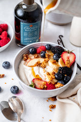Dark maple syrup with vanilla notes enhances desserts and baking.