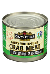 Crown Prince crab meat packaging label close-up highlighting premium quality.