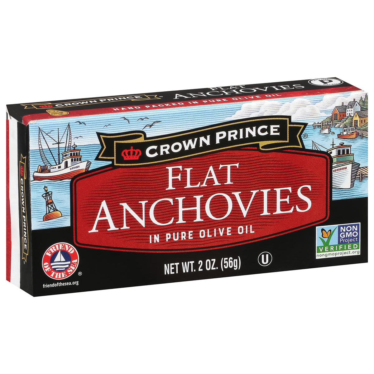 Crown Prince flat anchovies in olive oil can front view for a premium pantry staple
