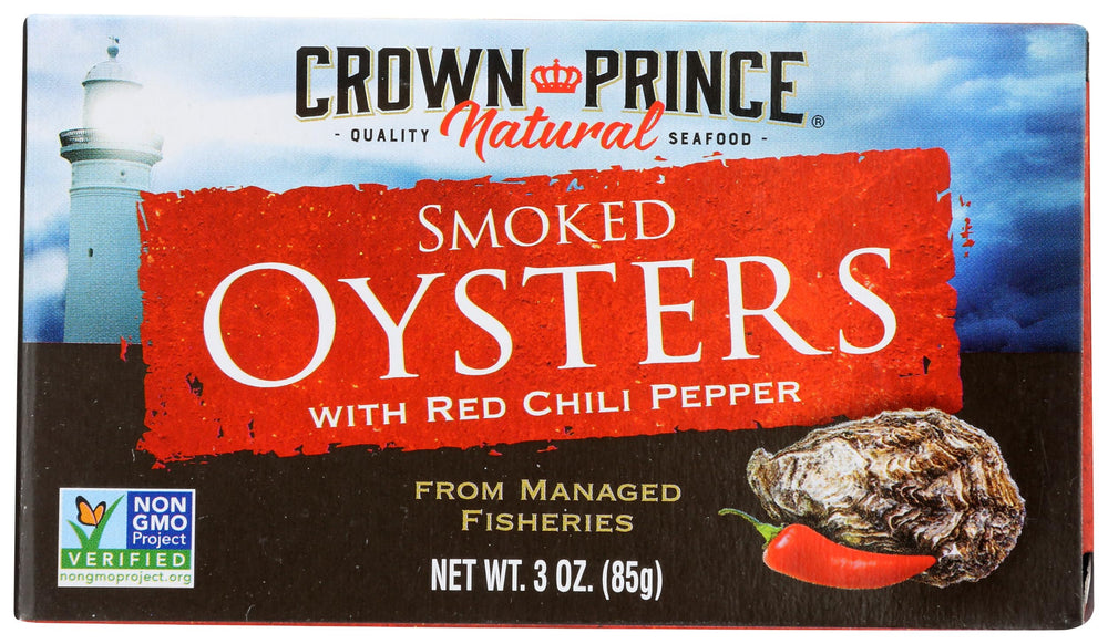 Front view of Crown Prince smoked oysters can, ready to enjoy