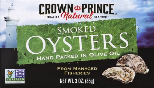 Crown Prince oysters open can close-up showing meat and oil.