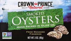 Crown Prince oysters open can close-up showing meat and oil.