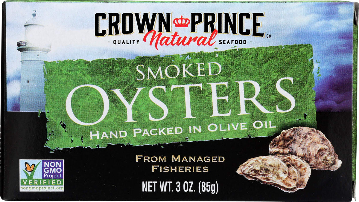 Crown Prince smoked oysters in olive oil can, rich flavor for appetizers.