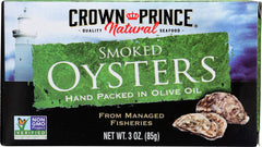 Crown Prince smoked oysters in olive oil can, rich flavor for appetizers.