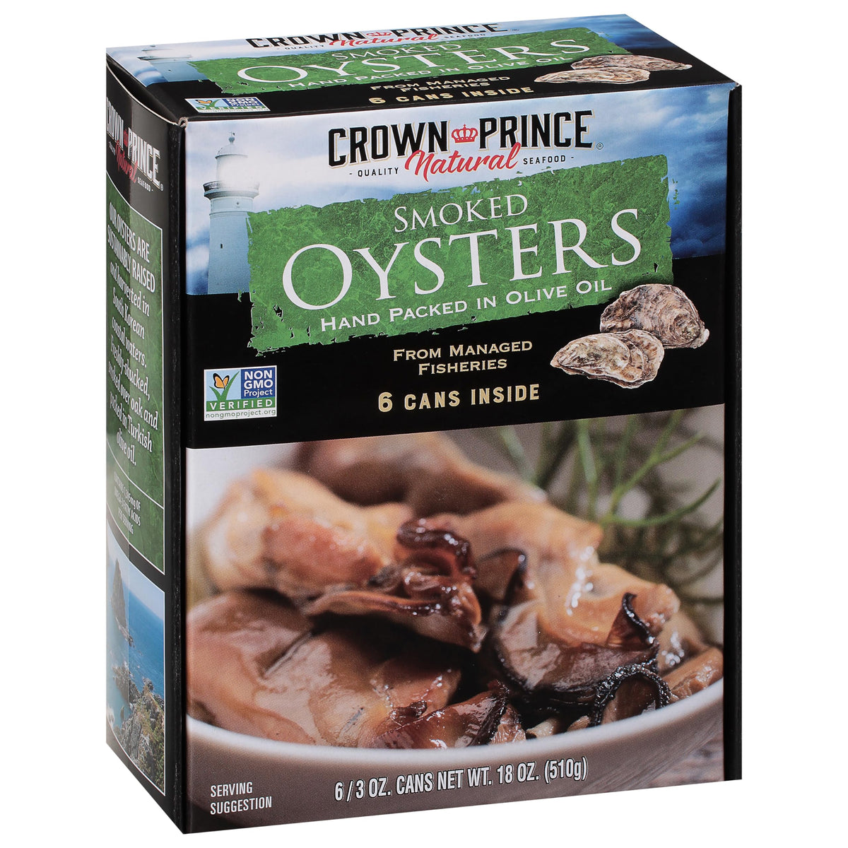 Crown Prince smoked oysters in olive oil cans arranged in a six pack for easy serving