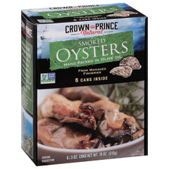 Crown Prince smoked oysters in olive oil cans arranged in a six pack for easy serving