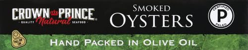 Crown Prince natural smoked oysters packaging label, Non-GMO verified.
