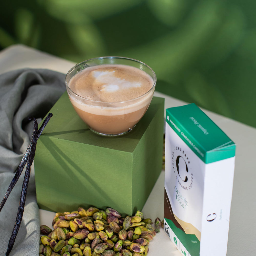 Cru Kafe CO2 decaf method graphic communicates flavor-preserving decaffeination.