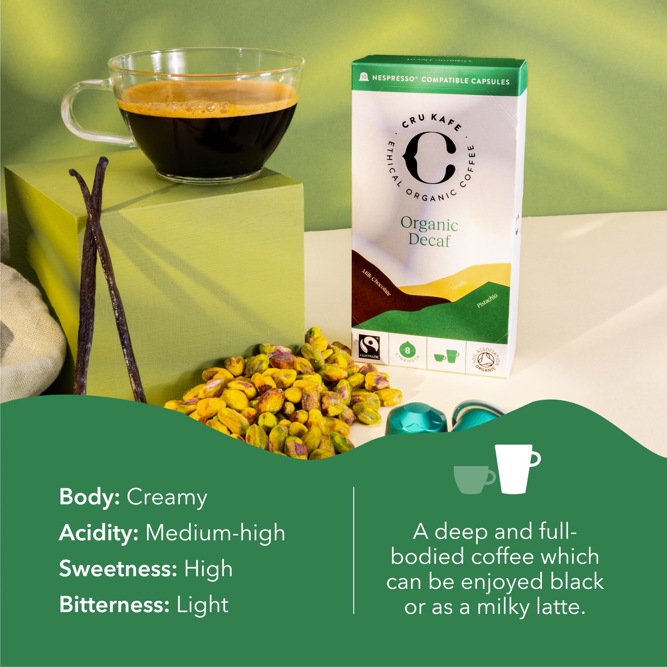 Cru Kafe decaf espresso pour shot with rich crema and smooth mouthfeel.