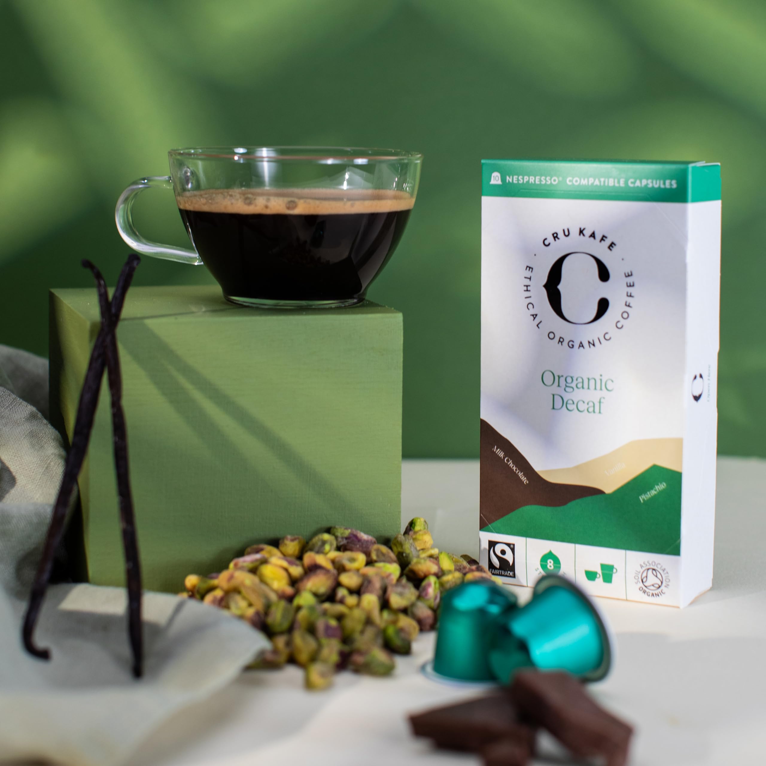 Cru Kafe Fairtrade logo highlights ethical sourcing and fair trade.