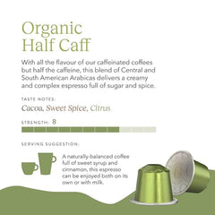 Cru Kafe Half Caff capsule label with machine compatibility note