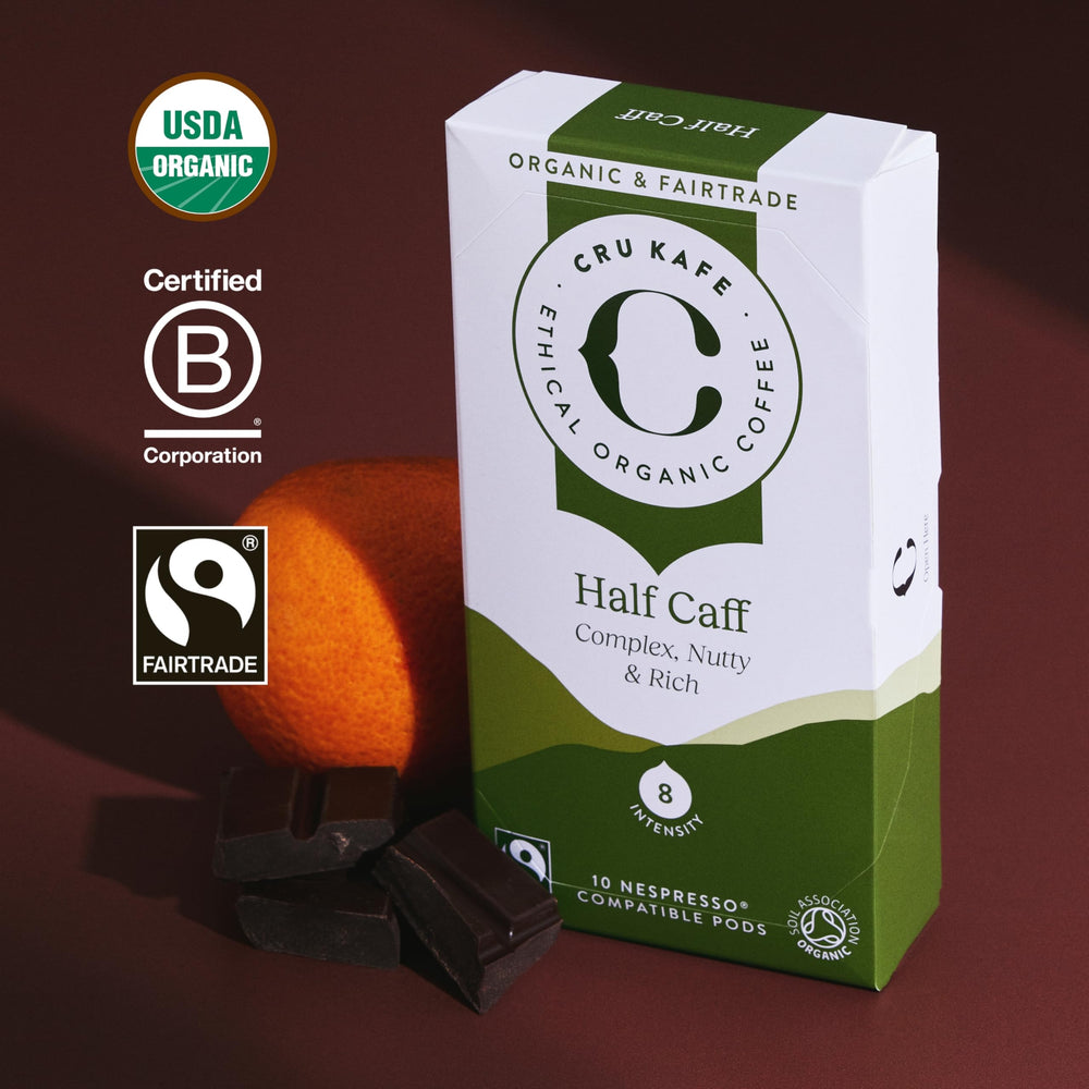Cru Kafe Half Caff capsules pack back with certification details