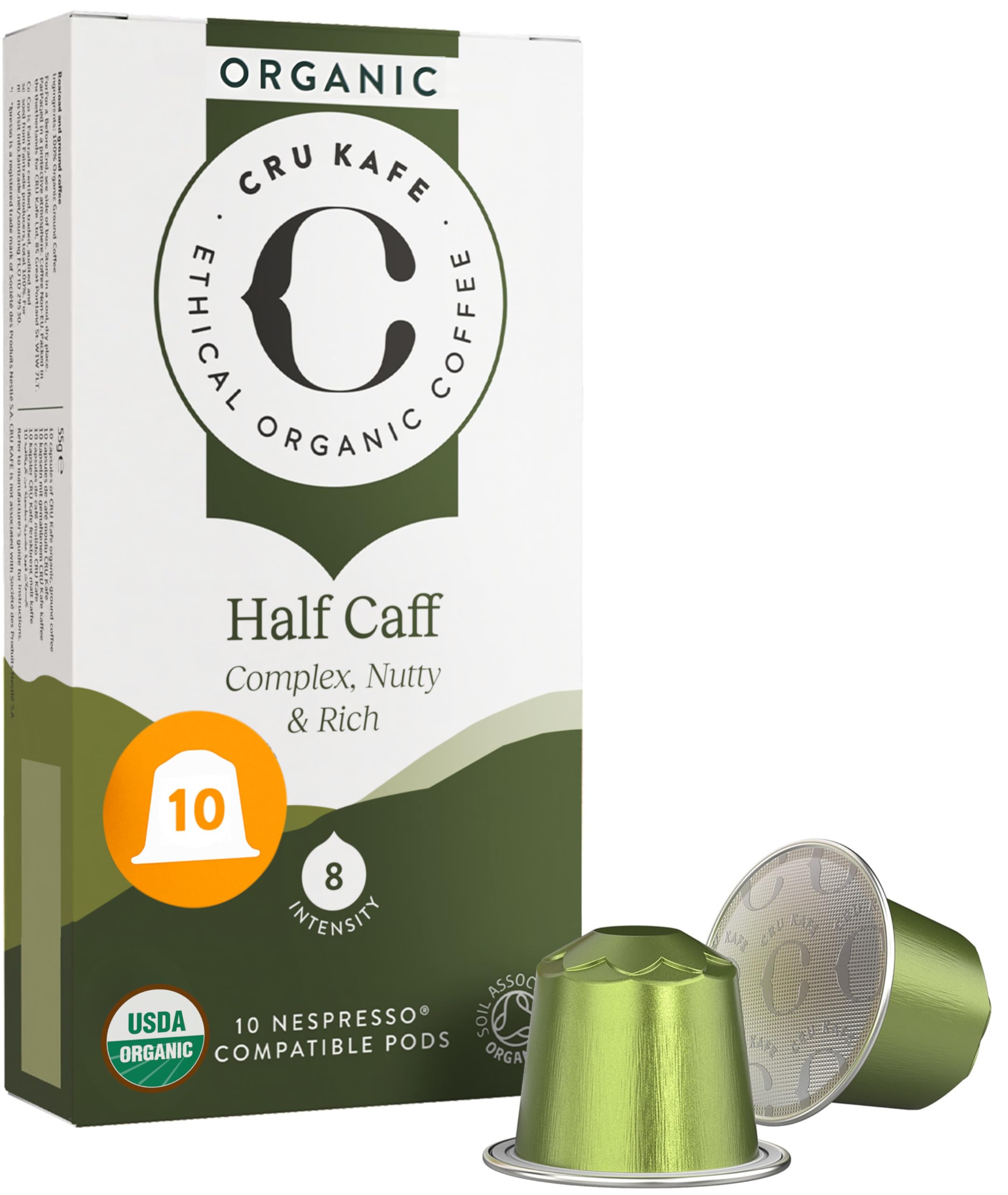 Cru Kafe Half Caff capsules pack front showing organic and Fairtrade credentials