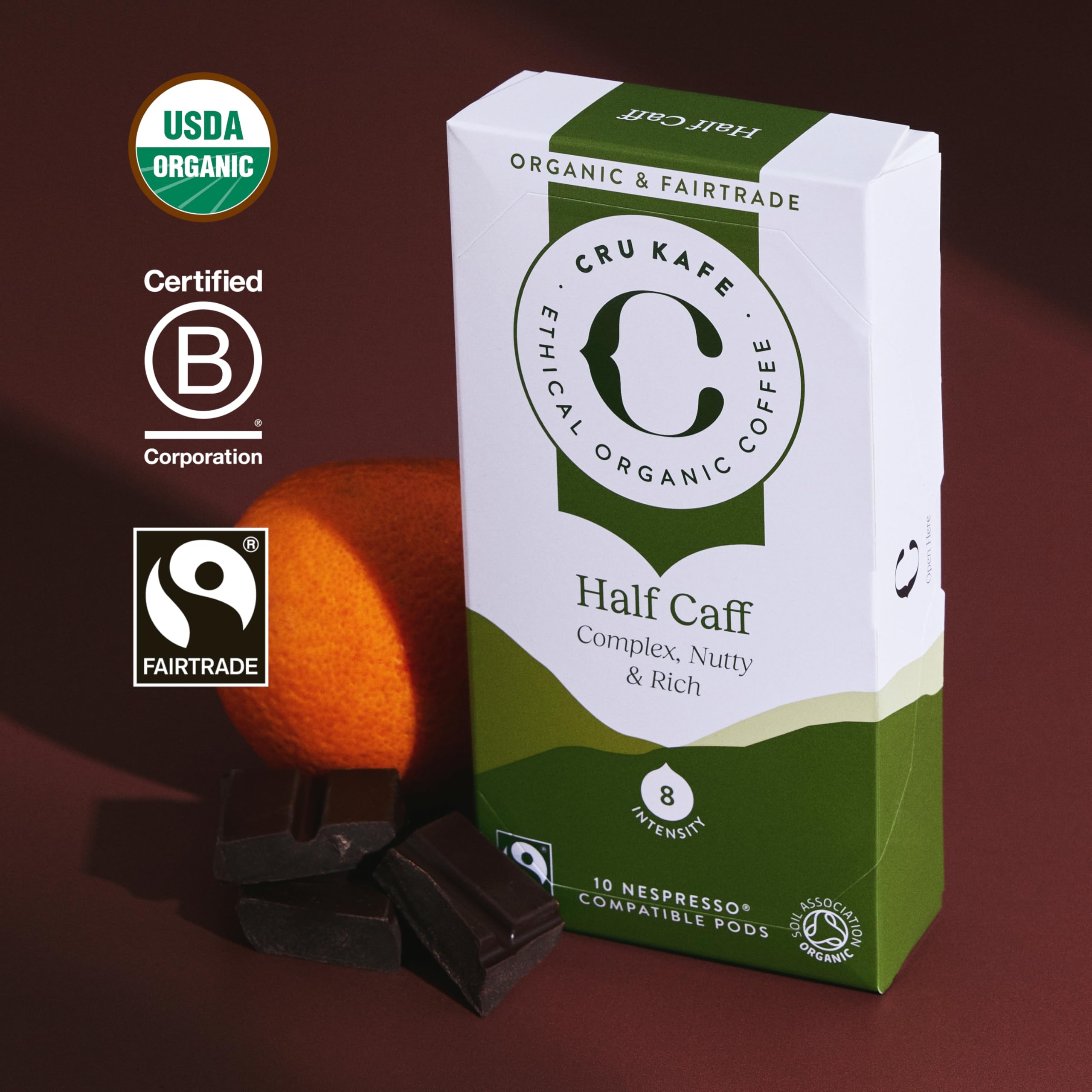 Cru Kafe organic coffee pods close-up, pristine quality for a clean brew.