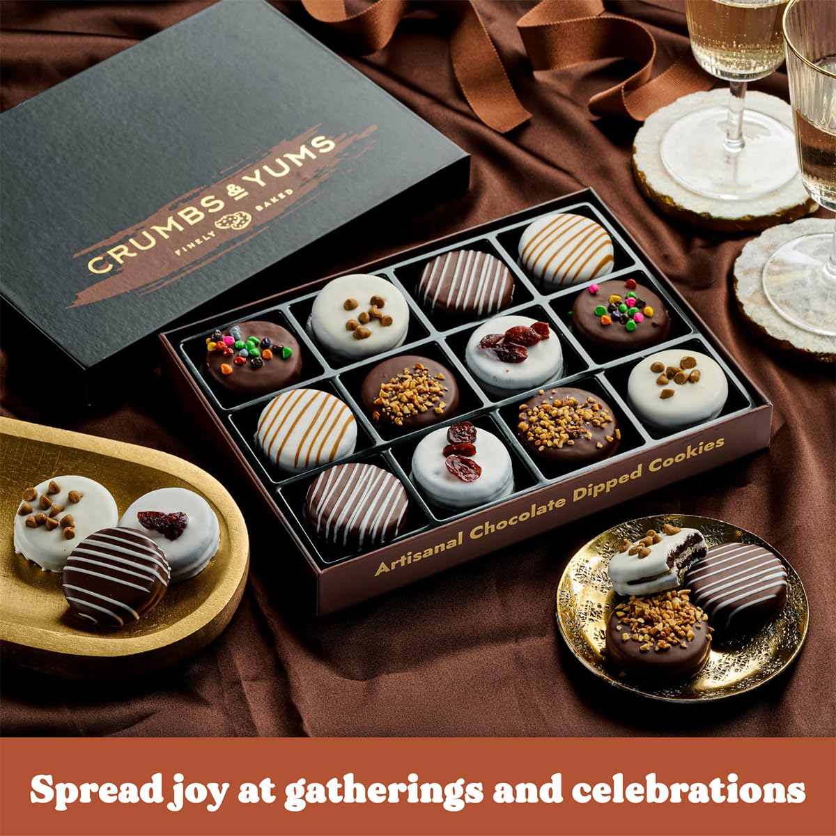 CRUMBS & YUMS tasty toppings and presentation presented on a tray, ideal for celebrations.