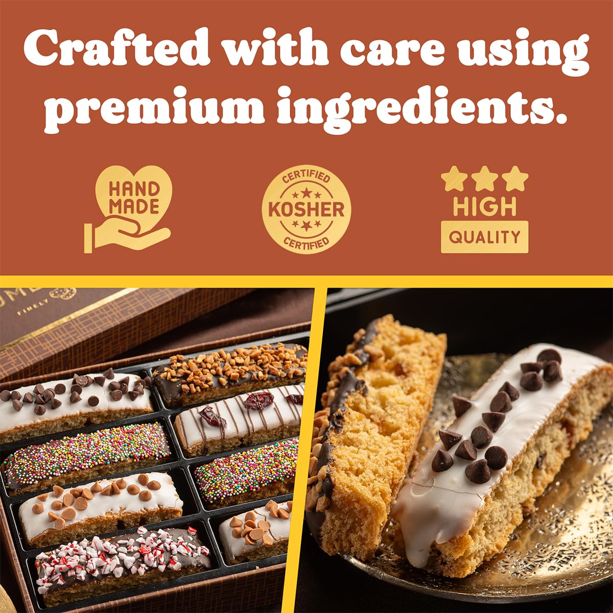 CRUMBS & YUMS biscotti flavors caramel chips closeup showcases premium texture