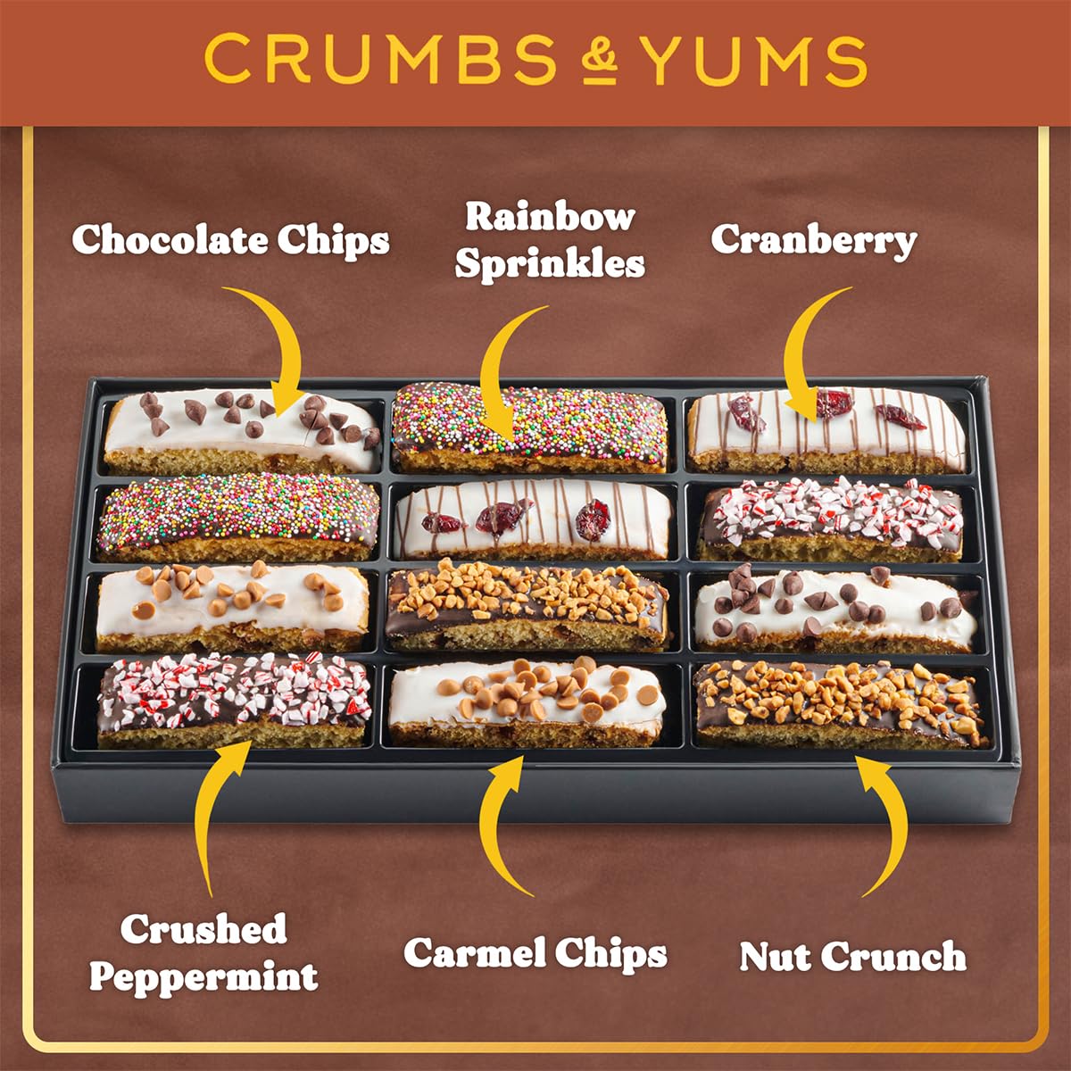CRUMBS & YUMS biscotti toppings crushed peppermint closeup highlighting festive detail