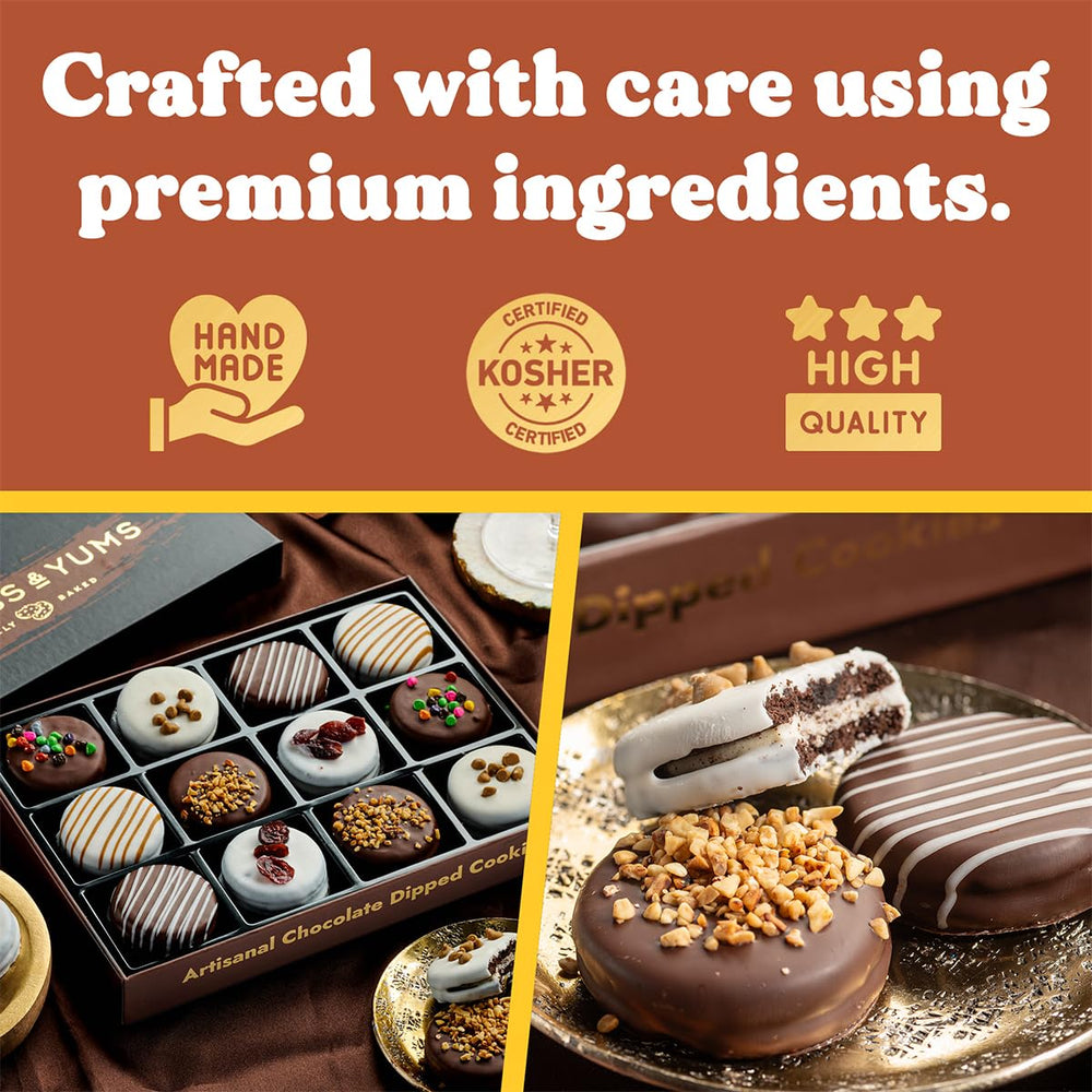 CRUMBS & YUMS chocolate covered cookies assortment in five flavors, perfect for sharing at gatherings.