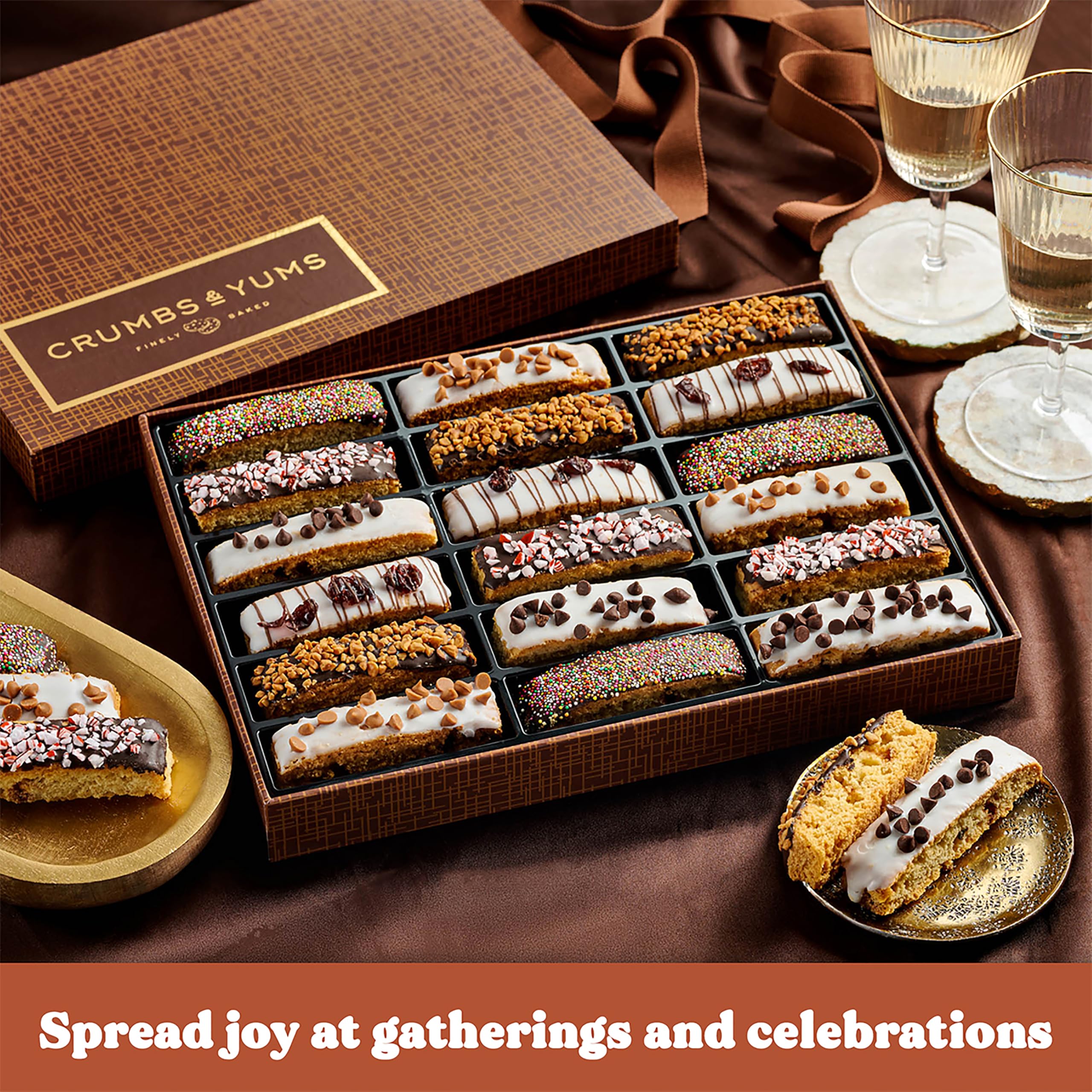 CRUMBS & YUMS elegant brown gift basket elevates holiday gifting.