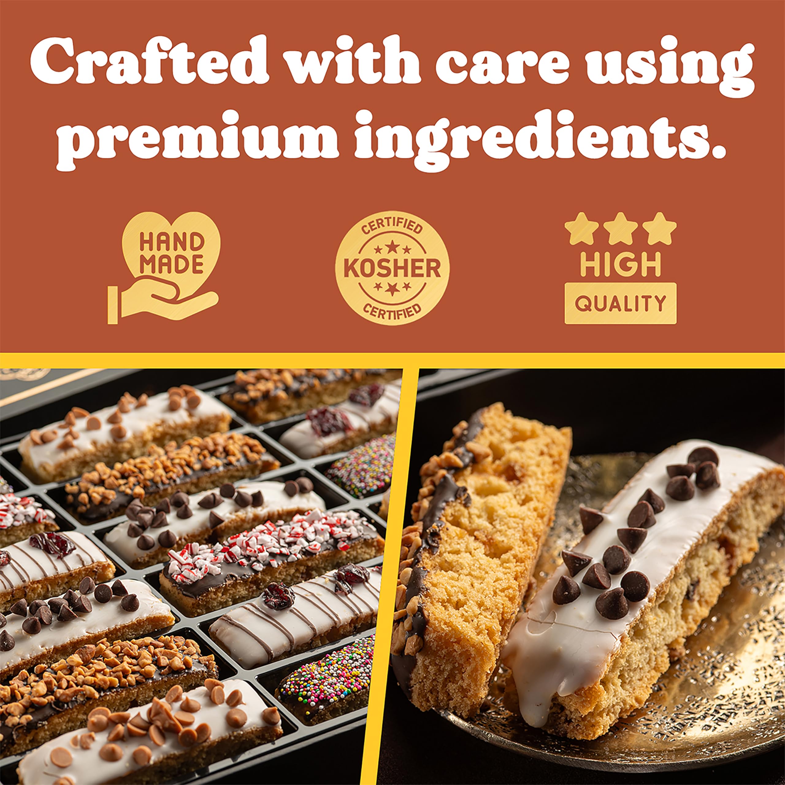 CRUMBS & YUMS gourmet biscotti collection close-up highlighting premium toppings.